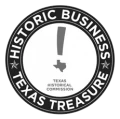 A circular badge reads "HISTORIC BUSINESS TEXAS TREASURE" with a Texas-shaped exclamation mark and "TEXAS HISTORICAL COMMISSION" in the center, all in black and white. logo on footer section.