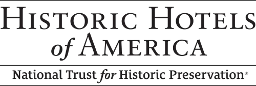 A logo reads &ldquo;Historic Hotels of America&rdquo; with a subtitle &ldquo;National Trust for Historic Preservation.&rdquo; logo on footer section.