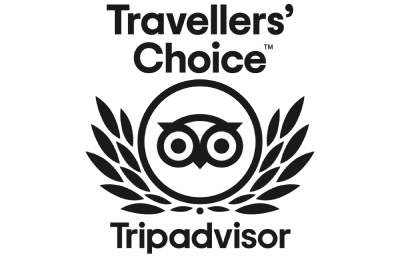 Owl logo with laurel leaves and &ldquo;Travellers&rsquo; Choice&rdquo; above, &ldquo;Tripadvisor&rdquo; below, all in black.
