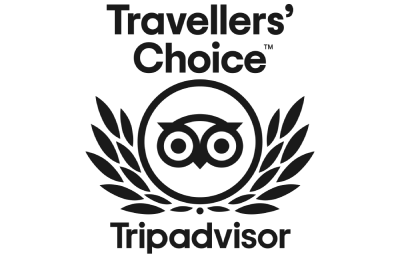 Owl logo with laurel leaves and &ldquo;Travellers&rsquo; Choice&rdquo; above, &ldquo;Tripadvisor&rdquo; below, all in black. logo on footer section.