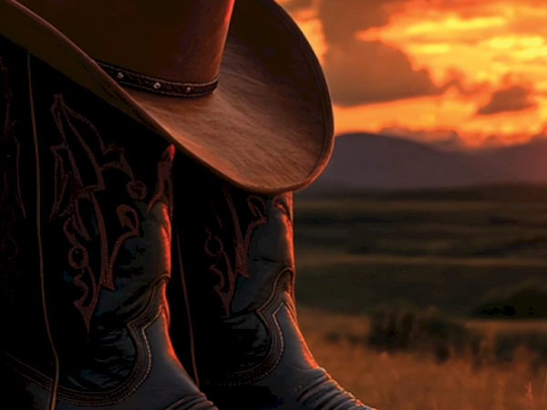 A cowboy hat rests beside worn boots in a sunset-lit, open plain setting, hinting at solitude and the Western countryside.