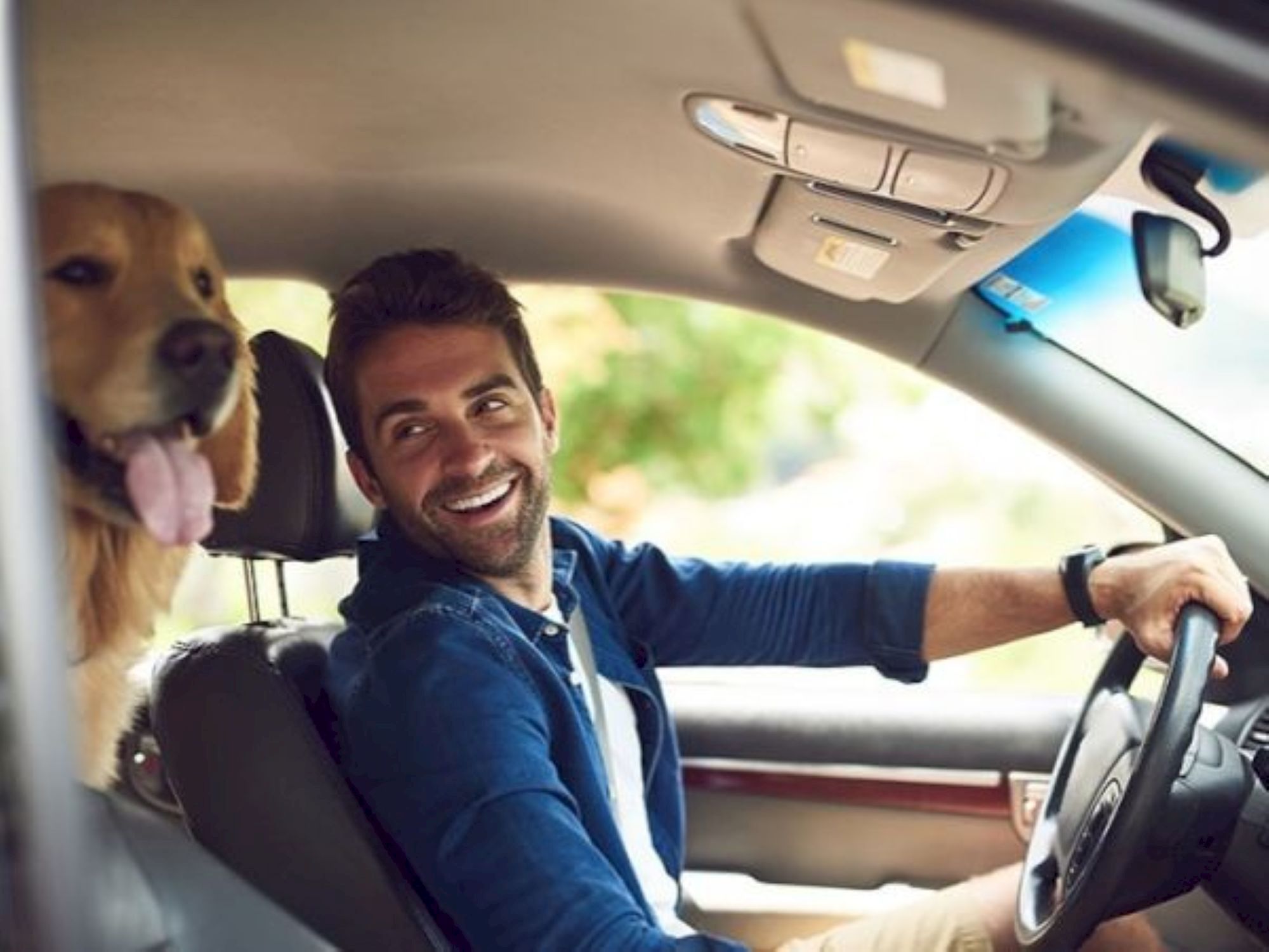 A smiling man driving a car with a golden retriever in the passenger seat, both looks happy in the sunny interior.